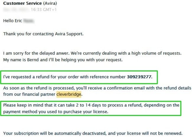 Screenshot of an email from Avira customer service confirming that my refund is being processed