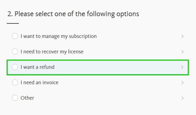 Screenshot of Avira's support options menu showing an option to request a refund