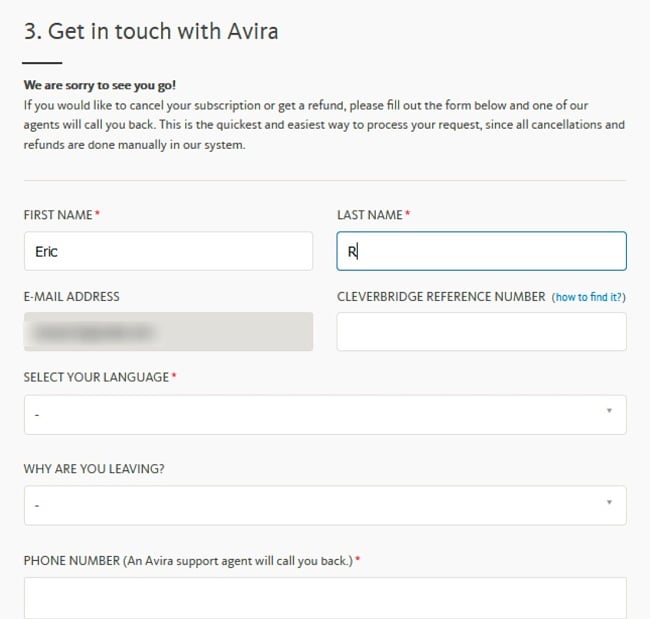 Screenshot of Avira's support ticket form