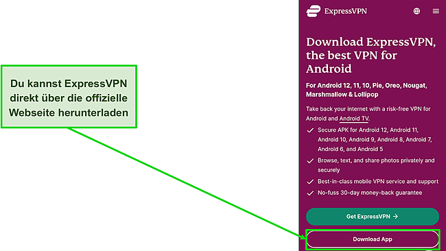 Screenshot der Download-Schaltfläche auf der ExpressVPN-Site.