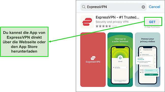 Screenshot der ExpressVPN-Site und des App Store. mit hervorgehobener App-Download-Schaltfläche.