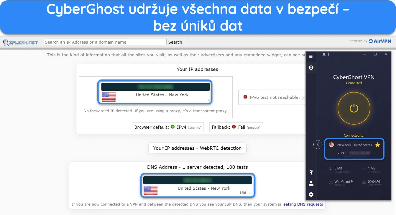 Snímek obrazovky s výsledky testu těsnosti na CyberGhost.