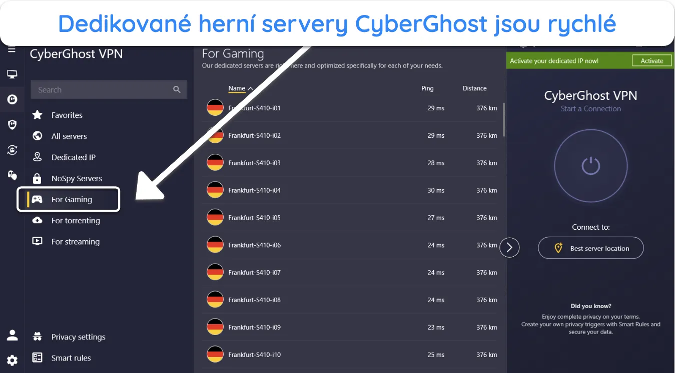 Snímek obrazovky aplikace CyberGhost pro Windows s optimalizovanými herními servery.