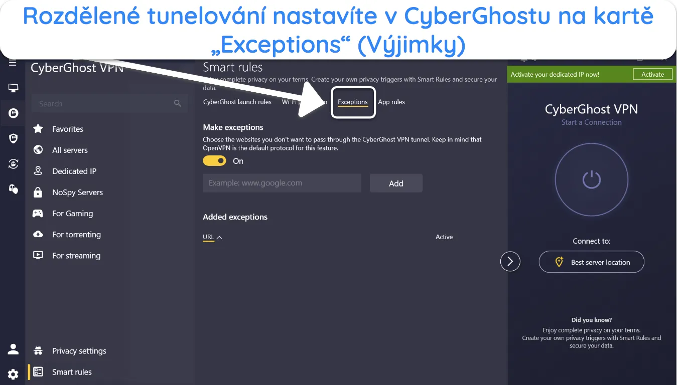 Snímek obrazovky funkce rozděleného tunelování CyberGhost v jeho aplikaci pro Windows.