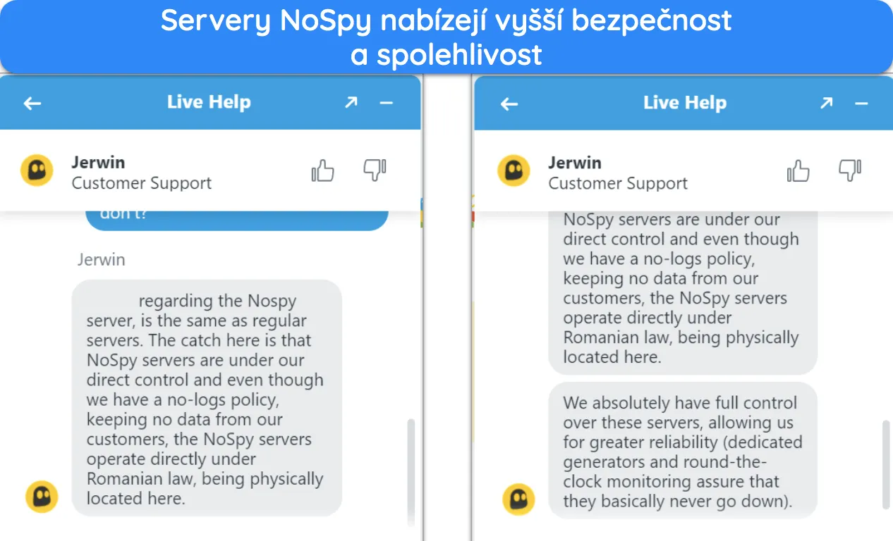 Snímek obrazovky konverzace s pracovníky podpory CyberGhost potvrzující bezpečnost serverů NoSpy.