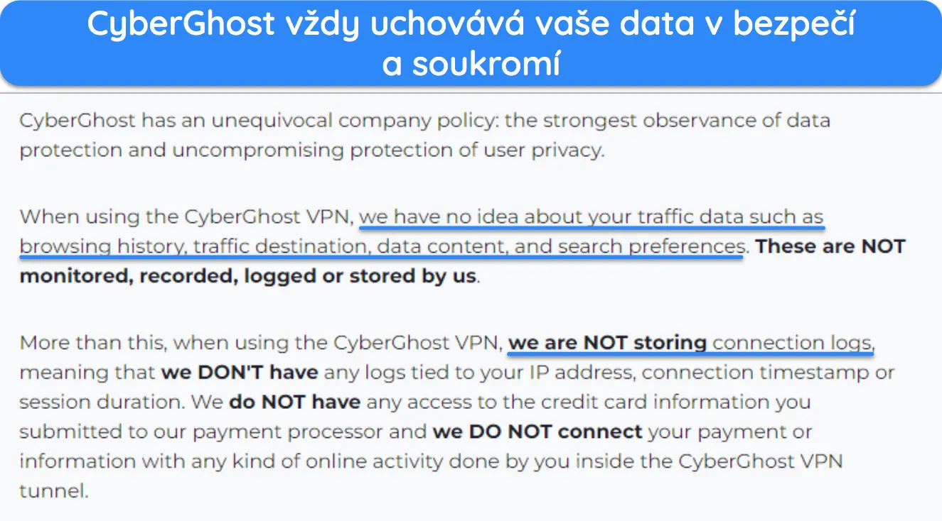 Snímek obrazovky zásad ochrany osobních údajů CyberGhost, který uvádí, že nezaznamenává uživatelská data.