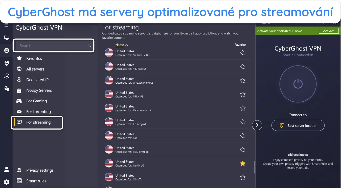 Snímek obrazovky seznamu serverů CyberGhost optimalizovaných pro streamování pro oblíbené platformy.