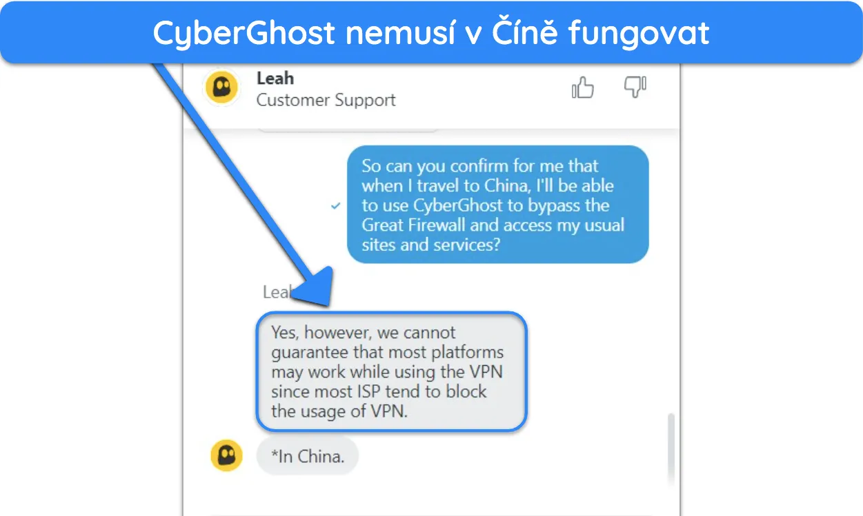 Snímek obrazovky komunikace s agentem živého chatu CyberGhost ohledně jeho použitelnosti v Číně.