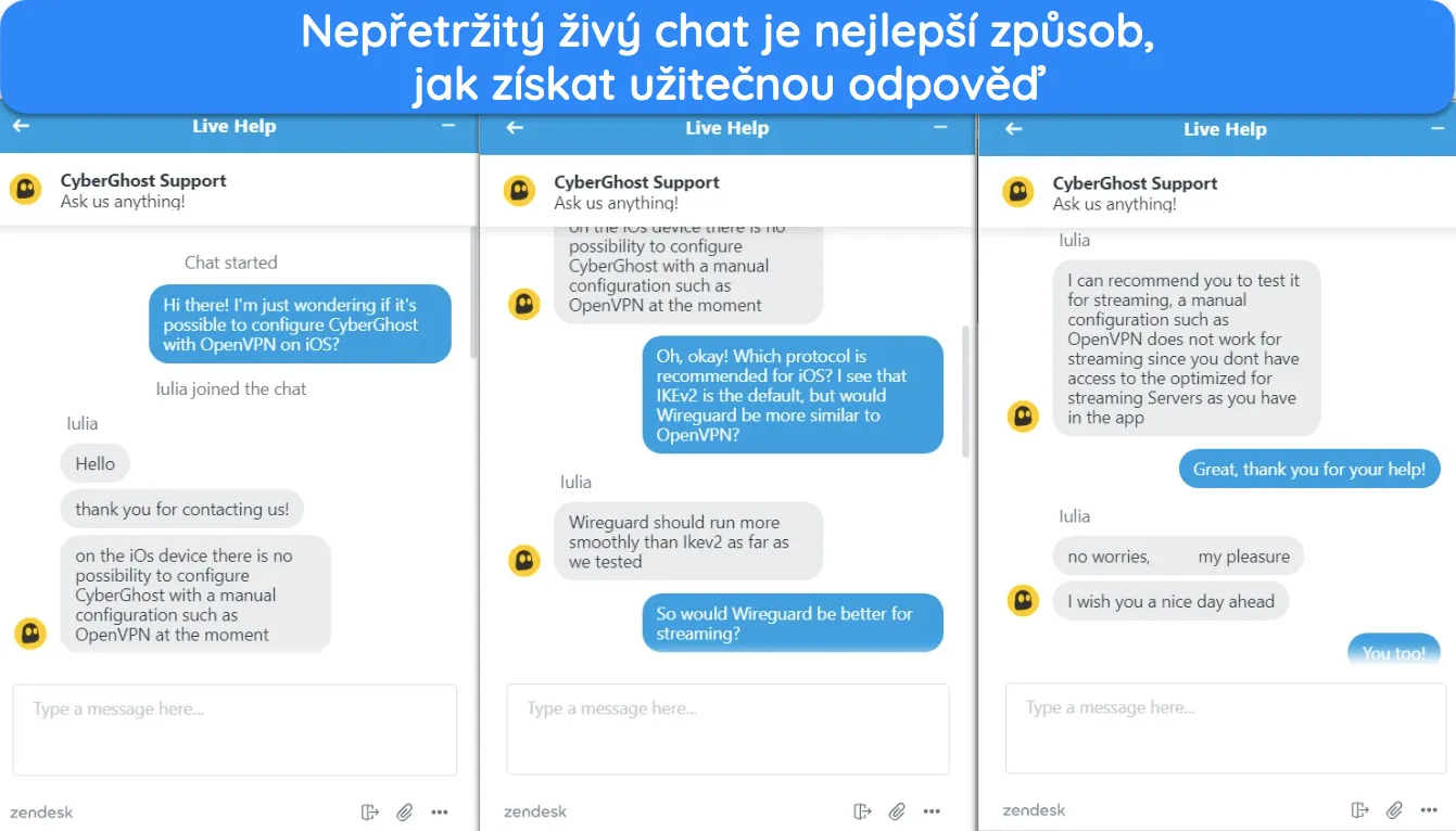 Snímky obrazovky živého chatu CyberGhost ukazující agenta zákaznické podpory, který odpovídá na otázku ohledně OpenVPN na iOS.