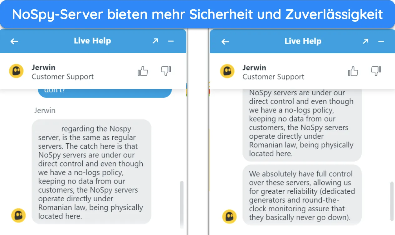 Screenshot eines Gesprächs mit dem Support-Mitarbeiter von CyberGhost, in dem die Sicherheit der NoSpy-Server bestätigt wird.