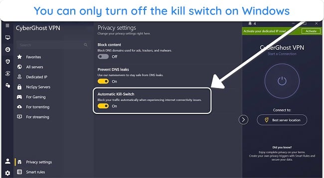 Screenshot of the Automatic Kill-Switch disabling option on CyberGhost's Windows app
