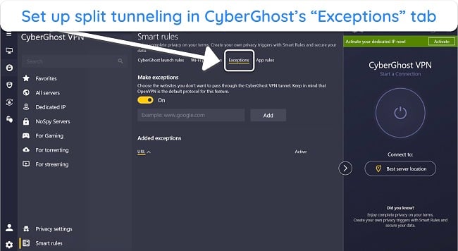 Screenshot of CyberGhost's split tunneling feature on its Windows app