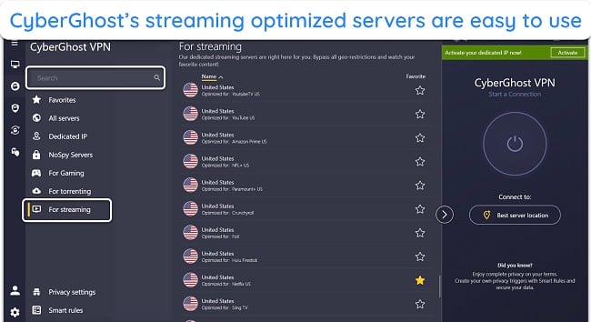 Screenshot of CyberGhost's list of streaming-optimized servers for popular platforms