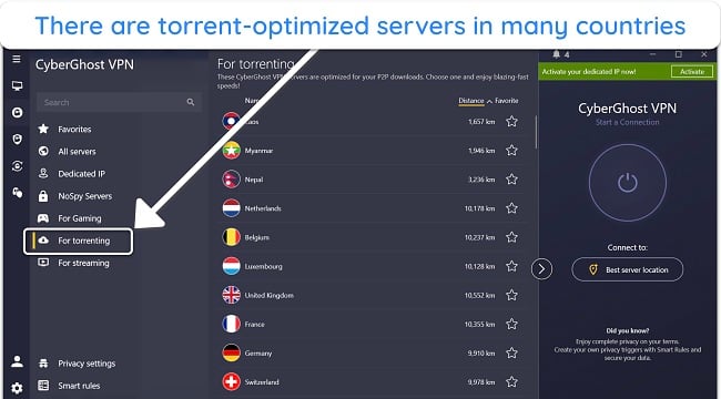 Screenshot of CyberGhost's torrent-optimized server list