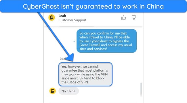 Screenshot of communication with a CyberGhost live chat agent regarding its usability in China
