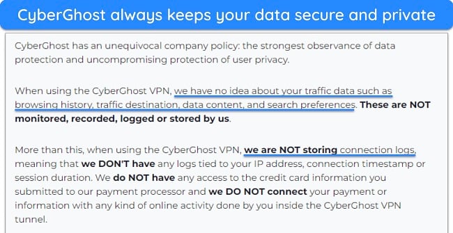I read CyberGhost’s privacy policy to verify it doesn’t log identifiable data