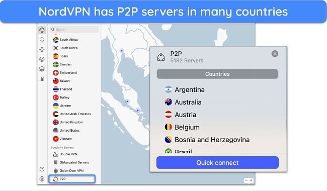 Screenshot of NordVPN's P2P servers