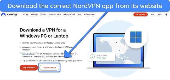 Screenshot of apps download page on NordVPN's website