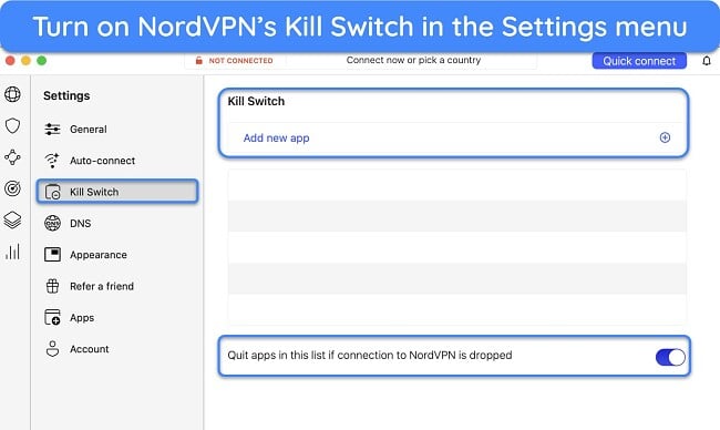 Screenshot of NordVPN's kill switch settings