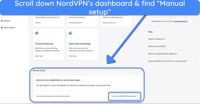 Screenshot of manual setup on NordVPN account dashboard