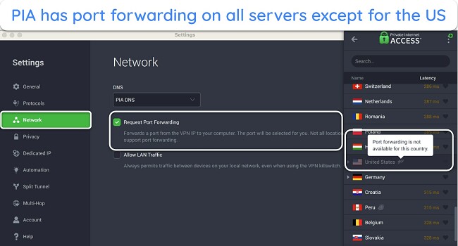 Image of PIA's Mac app highlighting the Port Forwarding feature and that it's not available in the US.