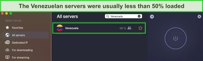 Screenshot of CyberGhost's Venezuela servers showing 48% load