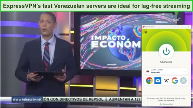 Screenshot of watching news on Telesur live with ExpressVPN connected to a server in Venezuela