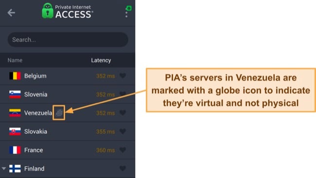 Screenshot of PIA's virtual servers in Venezuela