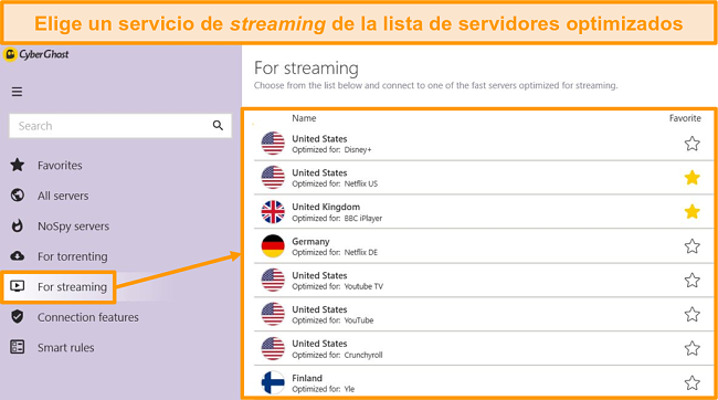 Captura de pantalla de los servidores de transmisión optimizados de CyberGhost en la aplicación de Windows