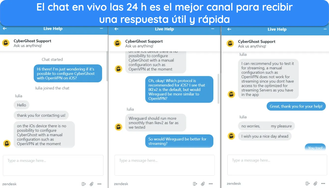 Capturas de pantalla del chat en vivo de CyberGhost, que muestra a un agente de atención al cliente respondiendo una pregunta sobre OpenVPN en iOS.