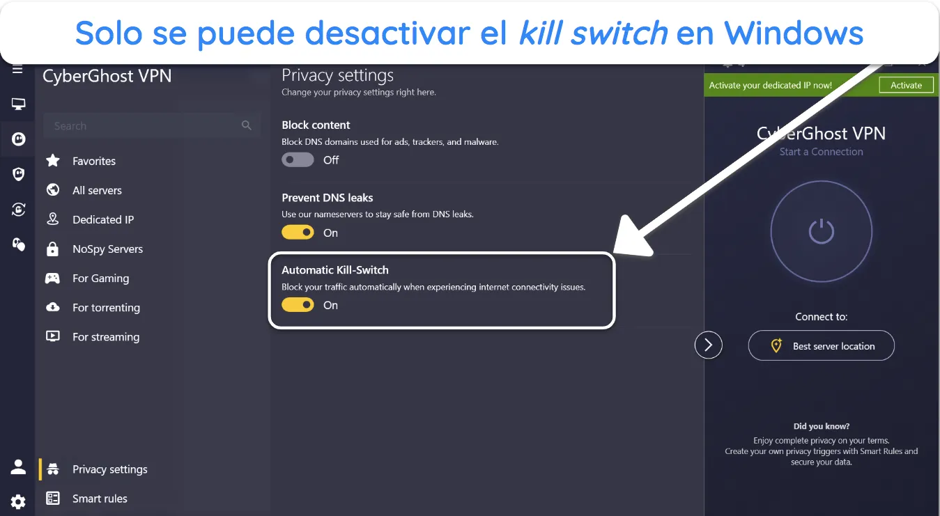 Captura de pantalla de la opción de desactivación del interruptor de apagado automático en la aplicación de CyberGhost para Windows.