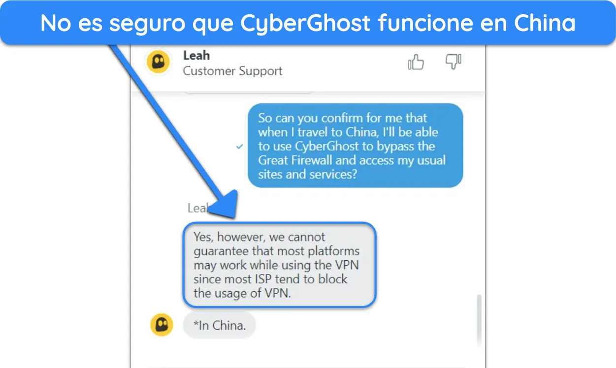 Captura de pantalla de la comunicación con un agente de chat en vivo de CyberGhost sobre su usabilidad en China.