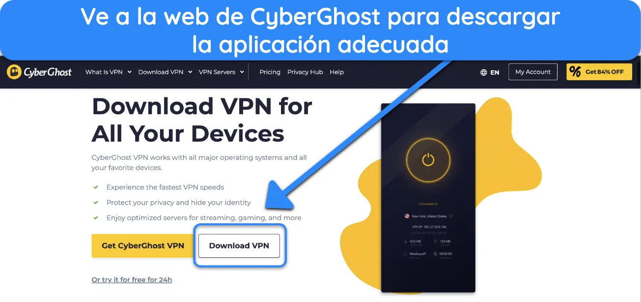 Captura de pantalla de la página de descarga de la aplicación de CyberGhost.