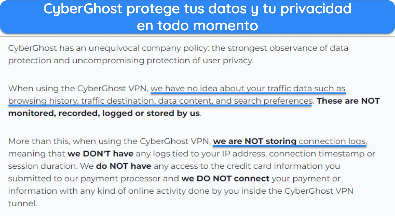 Captura de pantalla de la política de privacidad de CyberGhost que indica que no registra los datos del usuario.
