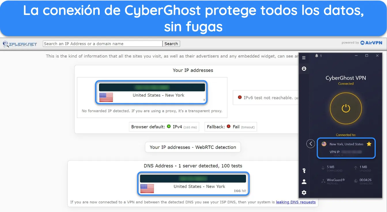 Captura de pantalla de los resultados de la prueba de fugas en CyberGhost.