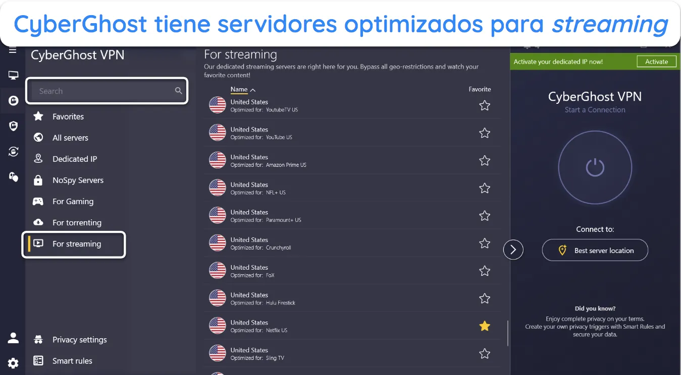 Captura de pantalla de la lista de servidores optimizados para streaming de CyberGhost para plataformas populares.