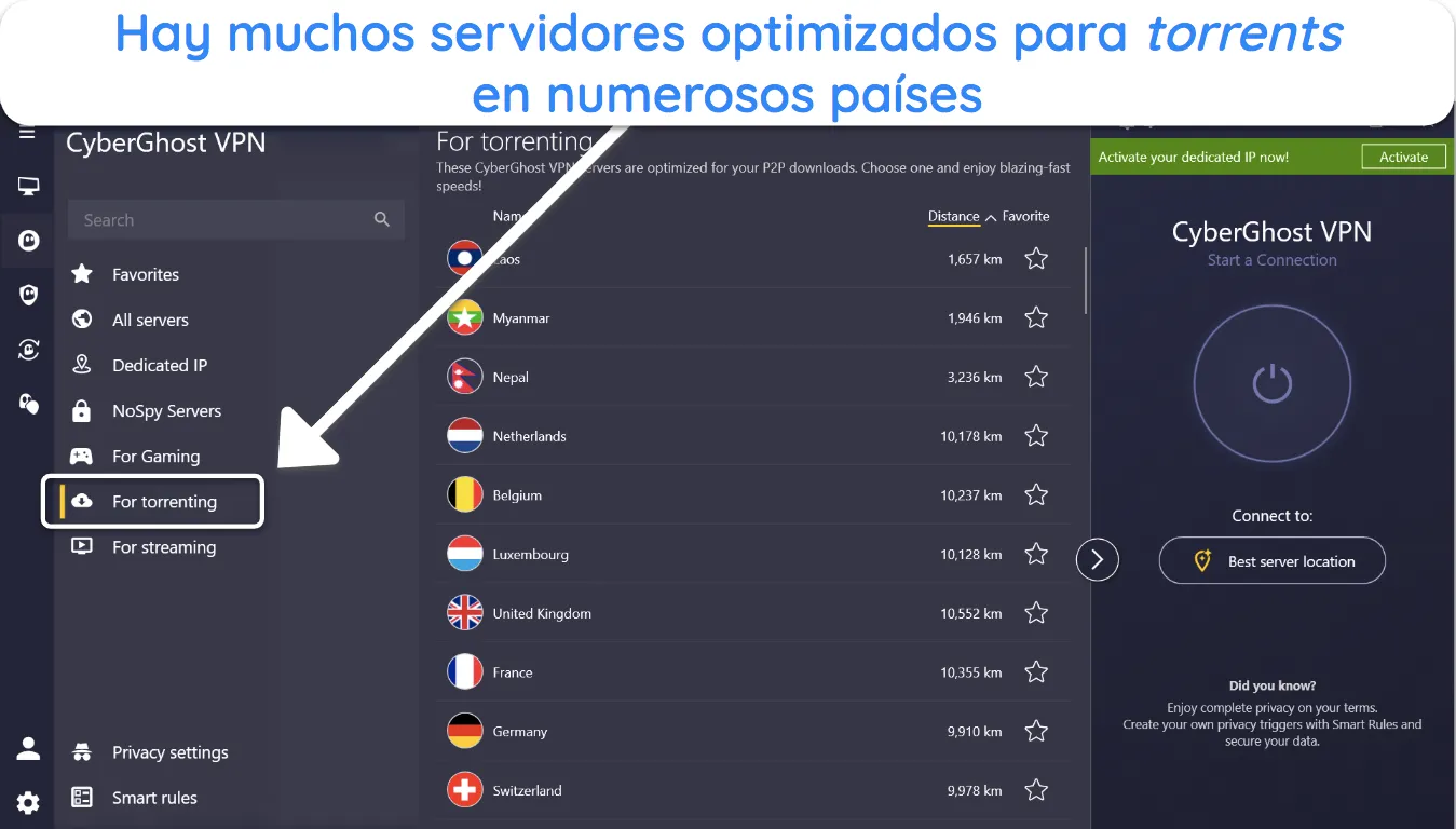 Captura de pantalla de la lista de servidores optimizados para torrents de CyberGhost.