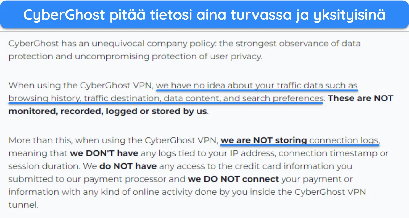 Kuvakaappaus CyberGhostin tietosuojakäytännöstä, jossa todetaan, että se ei kirjaa käyttäjätietoja.