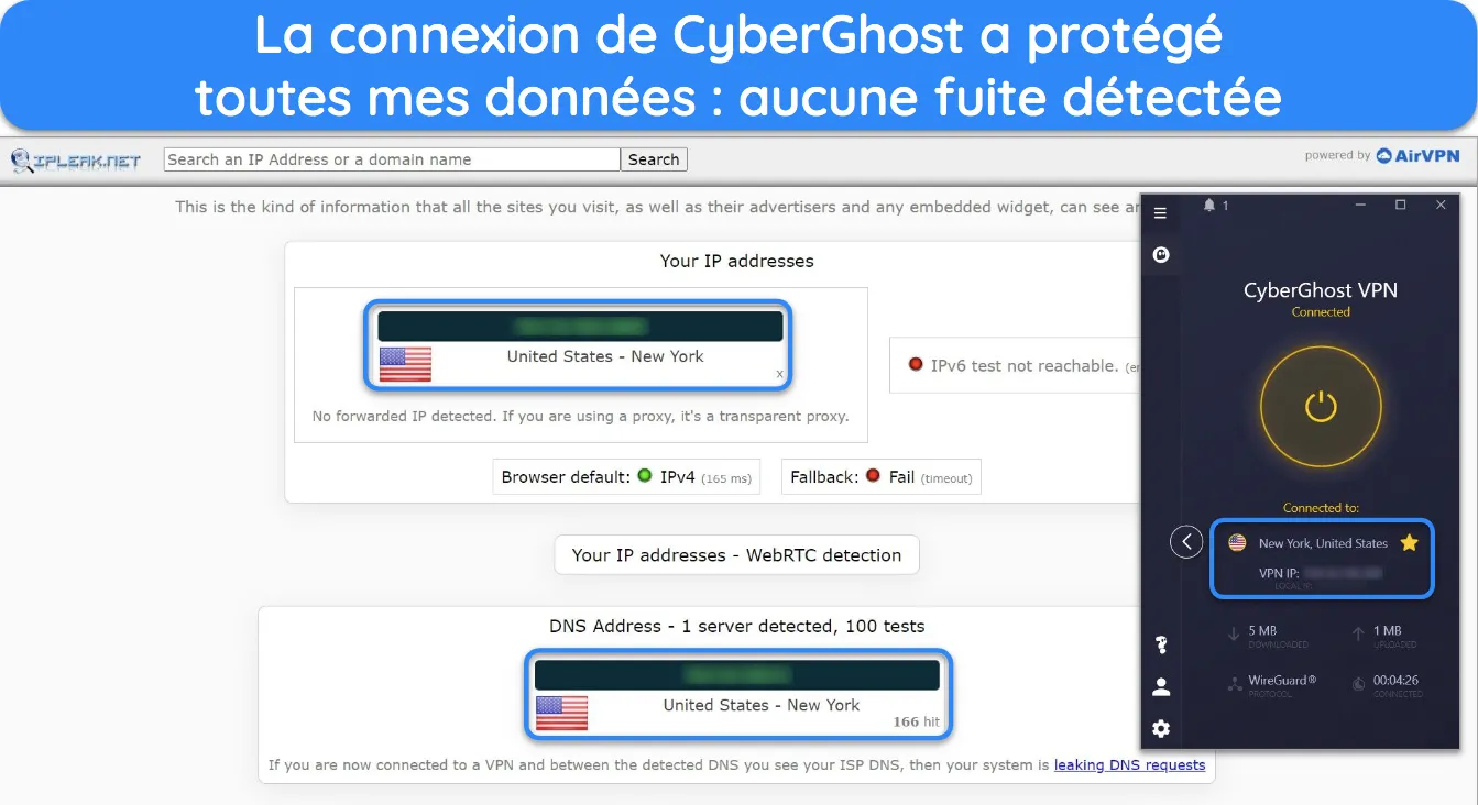 Capture d'écran des résultats des tests de fuite sur CyberGhost.