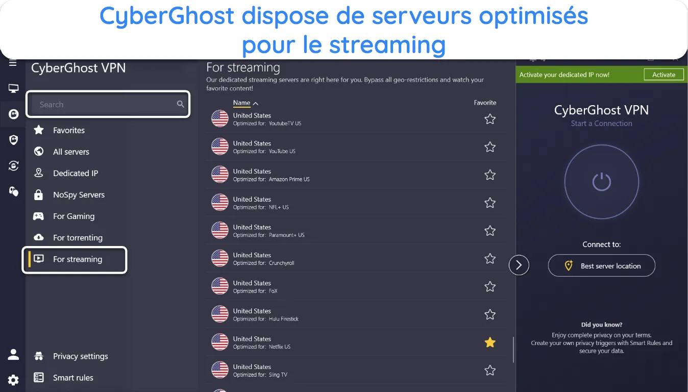 Capture d'écran de la liste des serveurs optimisés pour le streaming de CyberGhost pour les plateformes populaires.