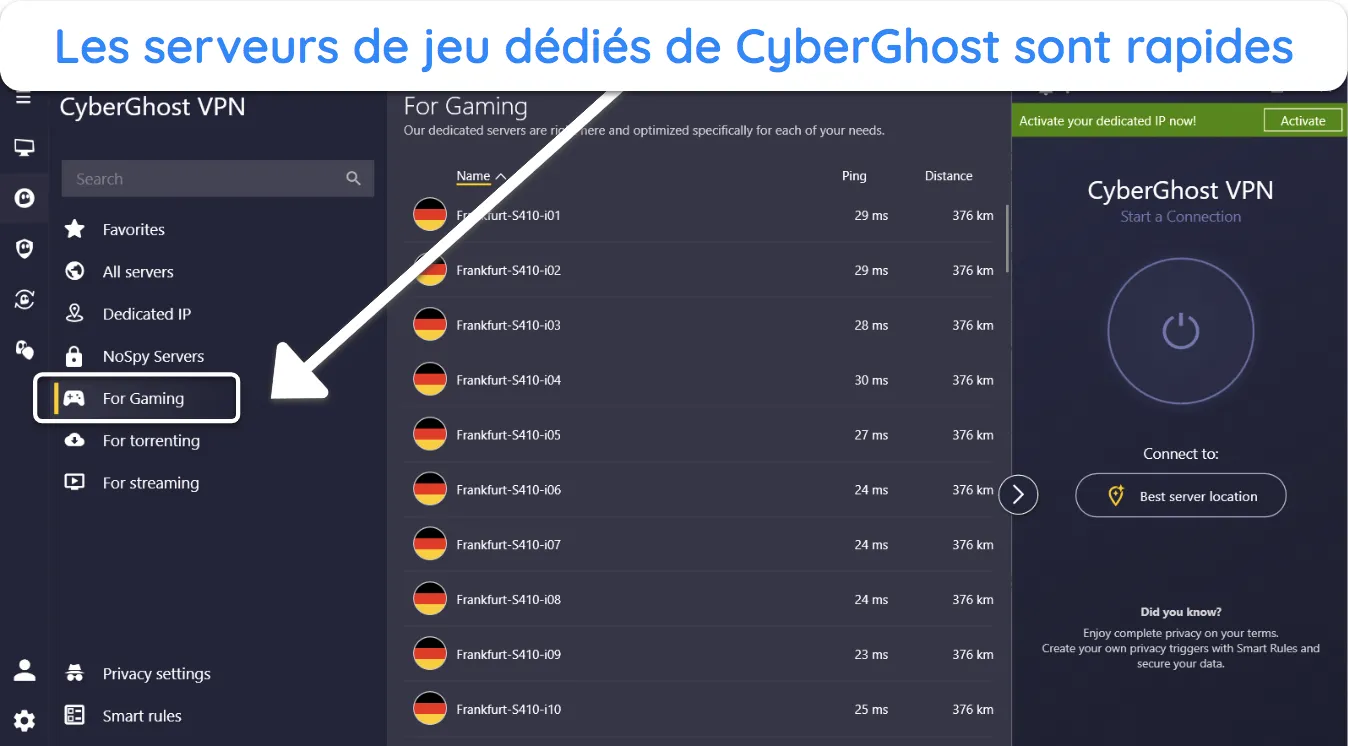 Capture d'écran de l'application Windows de CyberGhost avec ses serveurs de jeu optimisés.