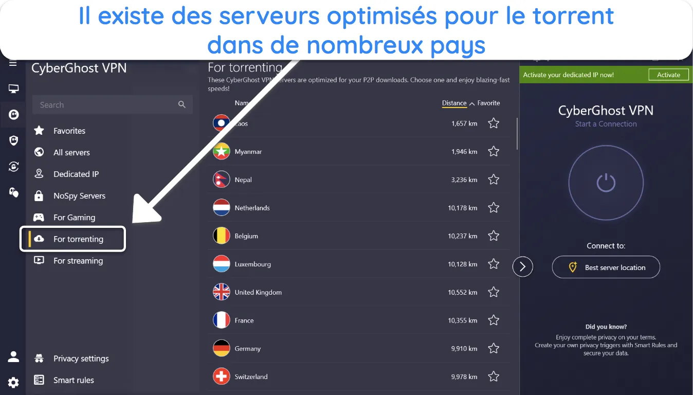 Capture d'écran de la liste des serveurs optimisés pour le torrent de CyberGhost.