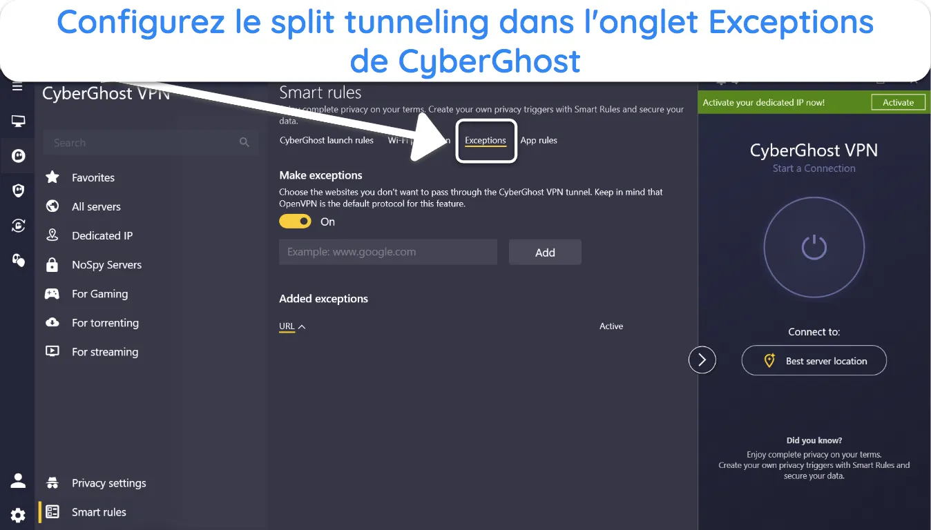 Capture d'écran de la fonction de tunneling fractionné de CyberGhost sur son application Windows.