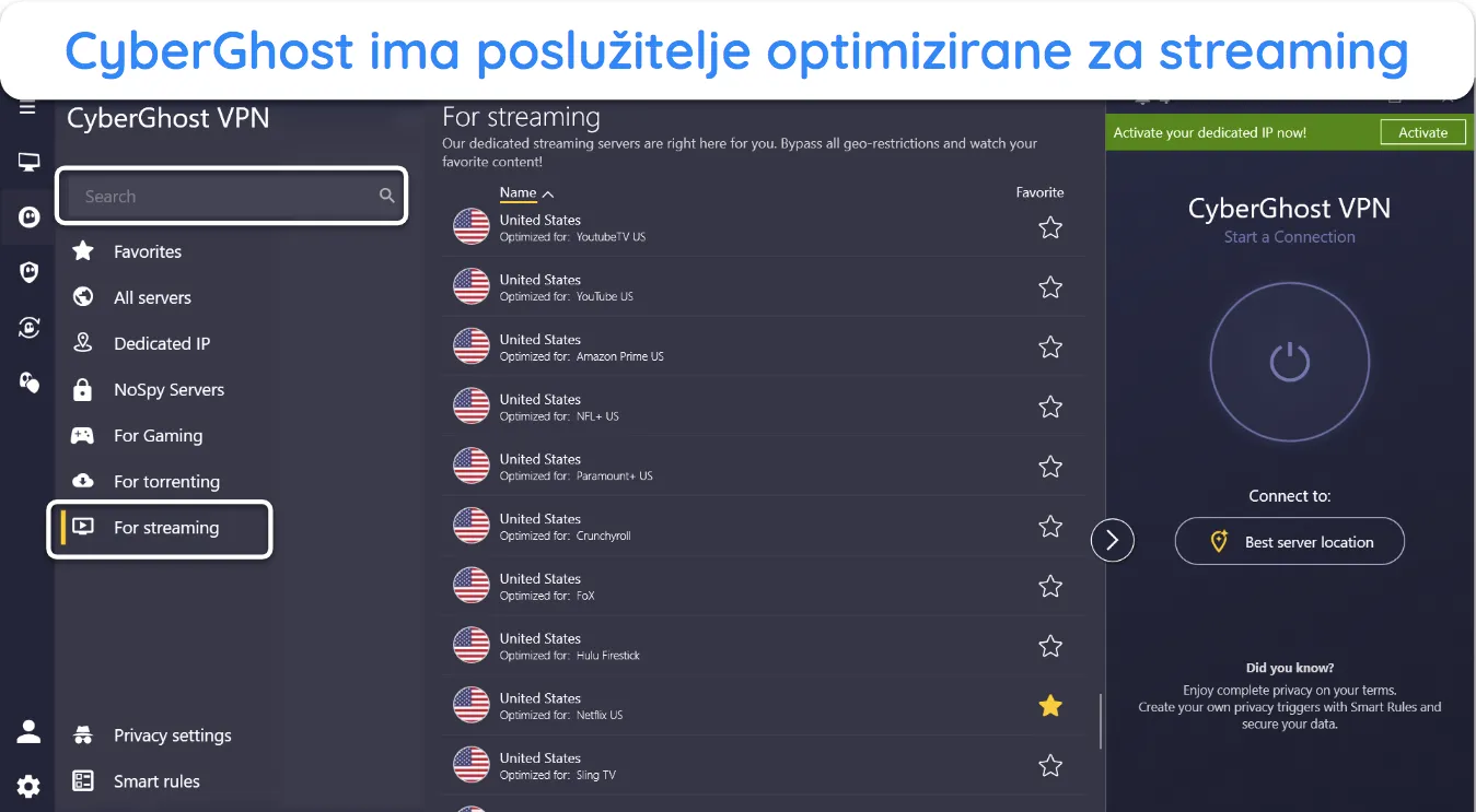 Snimka zaslona CyberGhostovog popisa servera optimiziranih za strujanje za popularne platforme.