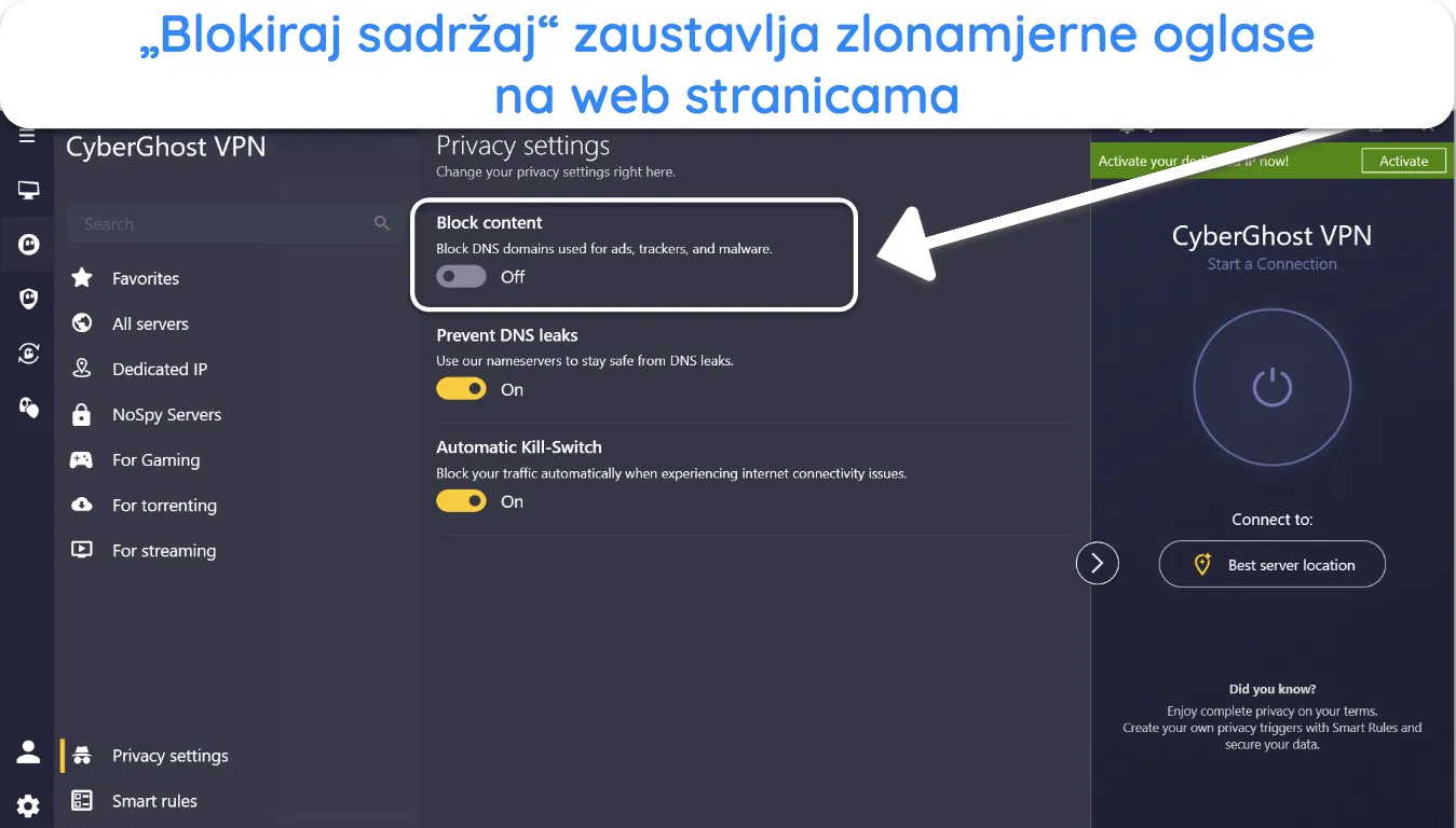 CyberGhost pregledava CyberGhost blok sadržaj.