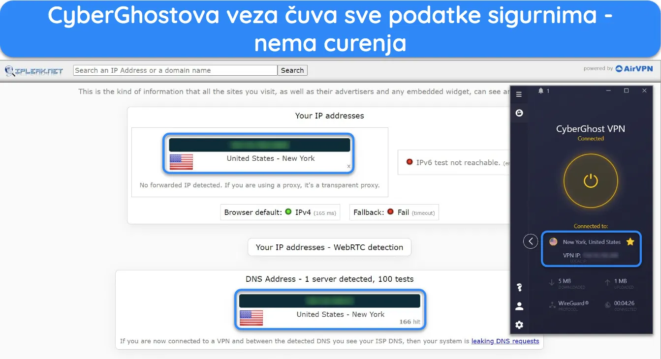 Snimka zaslona rezultata testa curenja na CyberGhostu.