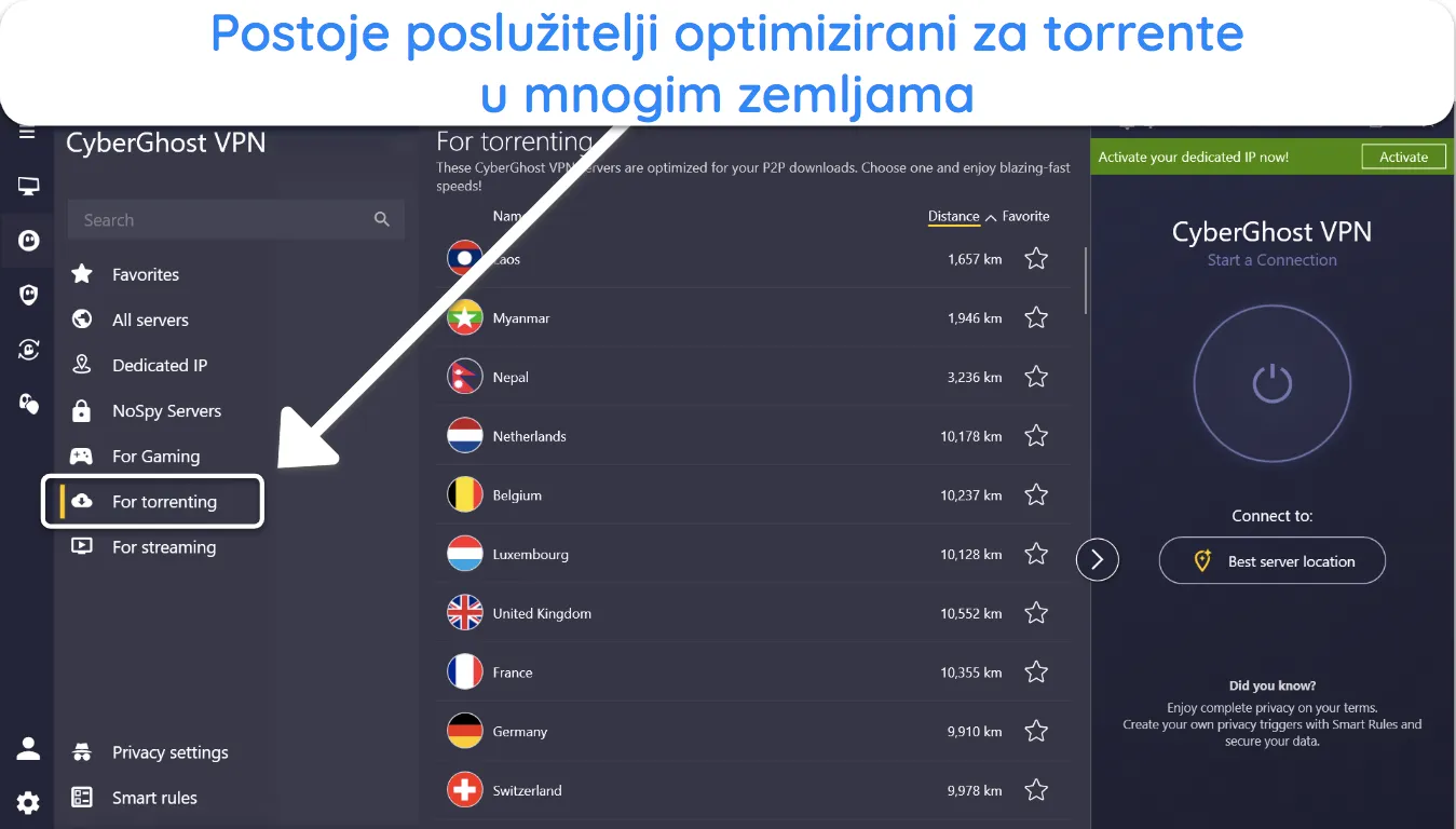 Snimka zaslona CyberGhostovog popisa poslužitelja optimiziranih za torrent.