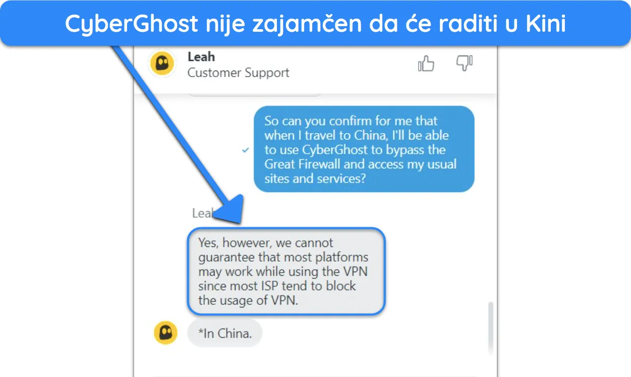 Snimka zaslona komunikacije s agentom za chat uživo CyberGhosta u vezi njegove upotrebljivosti u Kini.