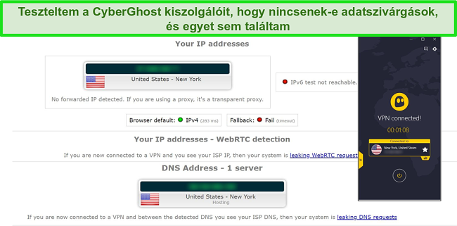 Pillanatkép az IP és DNS szivárgási teszt eredményéről, amikor a CyberGhost egy amerikai szerverhez csatlakozik