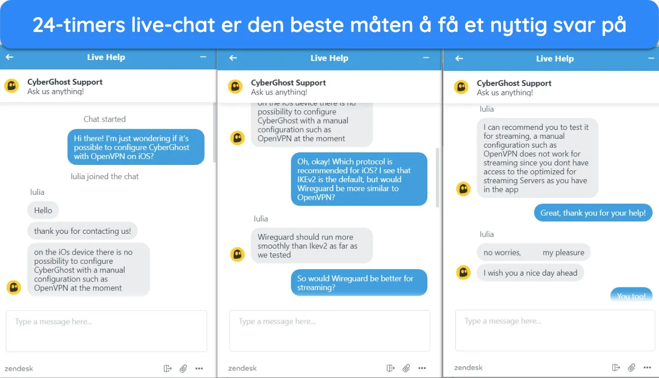 Skjermbilder av CyberGhosts live chat, som viser en kundestøtteagent som svarer på et spørsmål om OpenVPN på iOS.